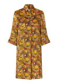 Kvetinové šaty v žltých a oranžových odtieňoch, s 3/4 rukávmi, golierom a voľným strihom. Obsahujú živý dekoratívny vzor.