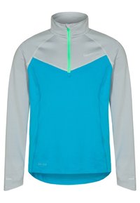 Pulovr Nike Dri-FIT v aqua modré barvě s světle šedými rukávy. Obsahuje límec na půl zip a kontrastní zelený zip. Dlouhé rukávy, atletický střih.