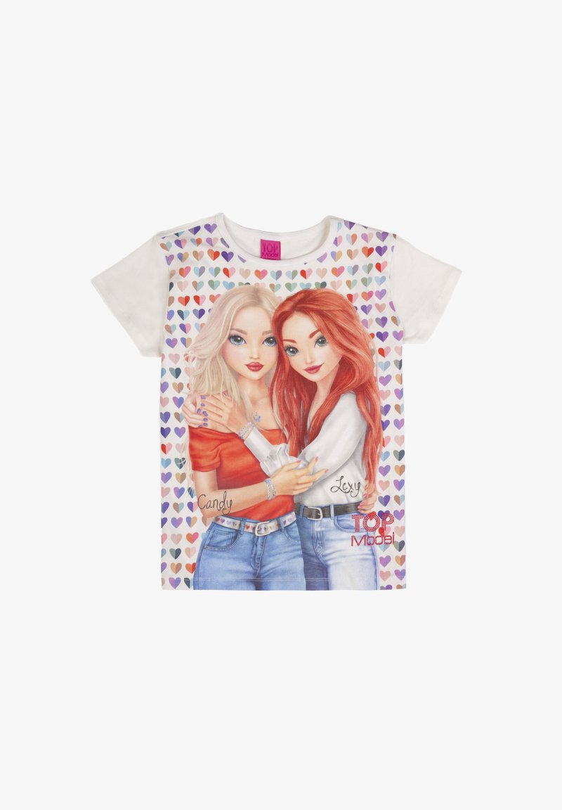 Camicia bianca a maniche corte con motivo di cuori colorati e illustrazione di due ragazze che si abbracciano, una con capelli biondi e una con capelli rossi, chiamate Candy e Lexy.