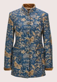 Blauw en tan bloemenpatroon button-up jasje met opstaande kraag, voorzakken en bruine bies op de manchetten en de randen van de zakken.