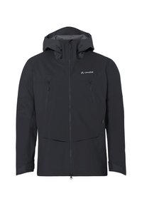 Giacca nera impermeabile con zip frontale, cappuccio regolabile e due tasche sul petto con zip. Presenta una texture liscia e un design minimalista.