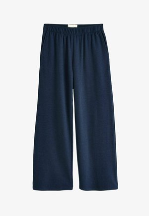 Navy blue wide-leg pants with elastic waistband and side pockets, made from soft, comfortable fabric.