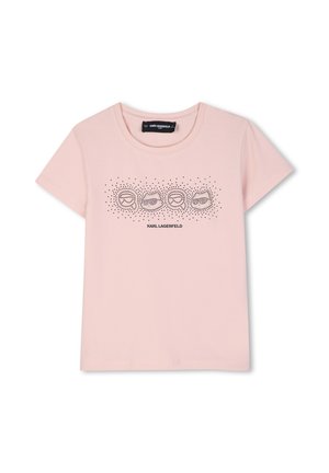 Lichtroze T-shirt met korte mouwen, een design van gestippelde bril en de tekst "KARL LAGERFELD" centraal onder de afbeelding.