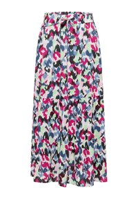 Jupe longue à volants avec motif floral abstrait coloré rose, bleu, vert, noir et blanc, avec une taille élastique et un cordon.