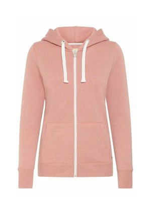 Rosa zip-up hettegenser med hvit glidelås, snorer og to frontlommer. Har ribbestrikkede mansjetter og et mykt, teksturert stoff.
