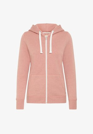 Rozā jaku ar rāvējslēdzēju, balts rāvējslēdzējs, auklas un divas priekšējās kabatas. Iezīmē ribotas aproces un mīkstu, teksturētu audumu.