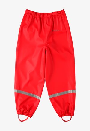 Rote wasserdichte Hose aus glattem Material, mit einem elastischen Bund, reflektierenden grauen Streifen und elastischen Bündchen.