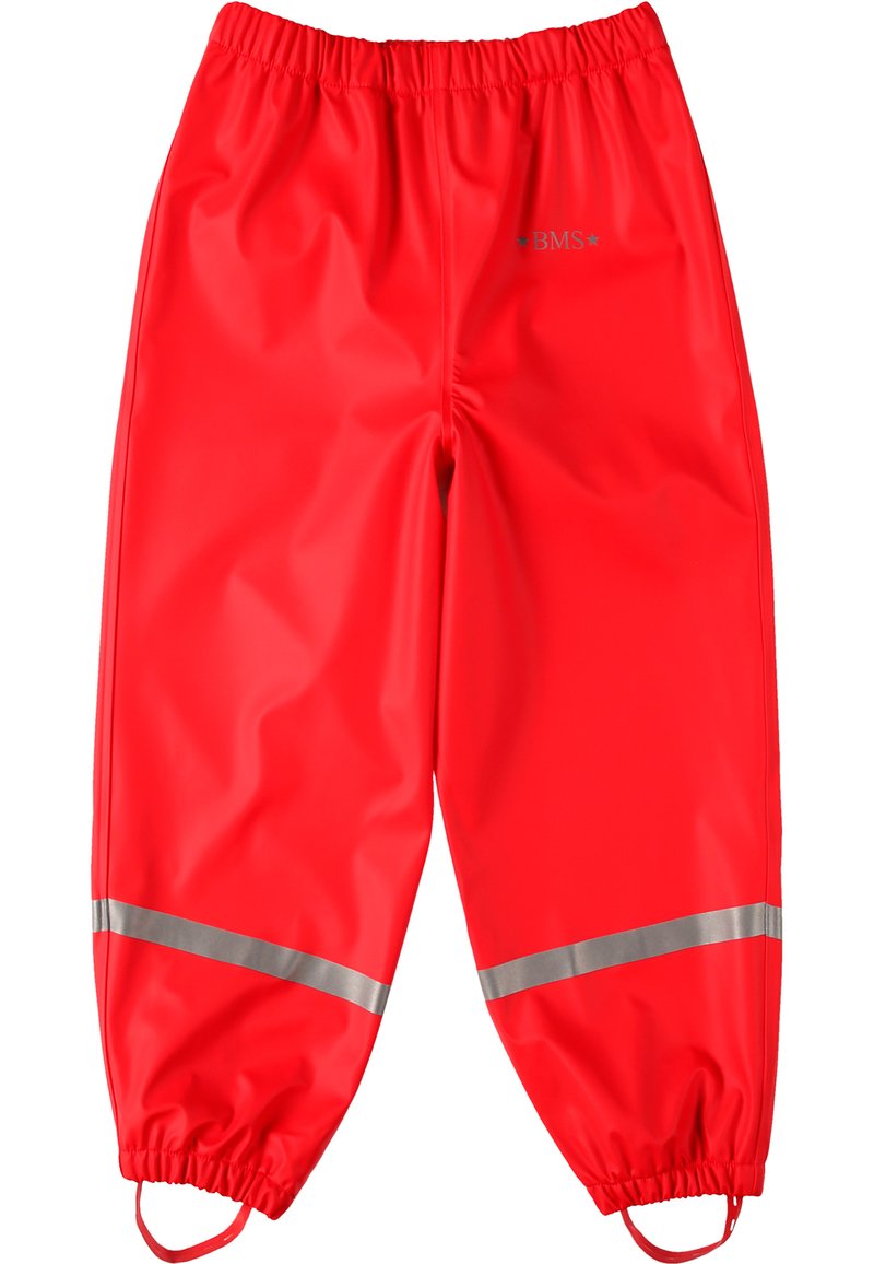 Rote wasserdichte Hose aus glattem Material, mit einem elastischen Bund, reflektierenden grauen Streifen und elastischen Bündchen.