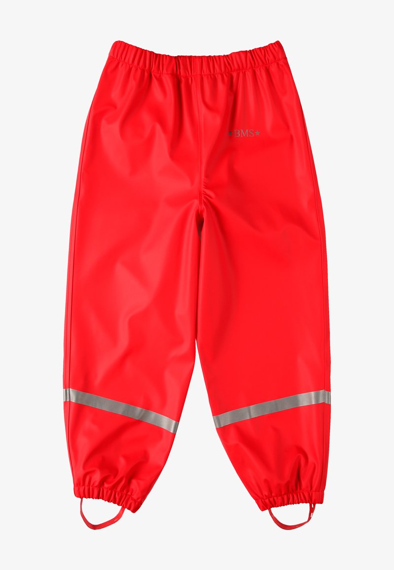 Rote wasserdichte Hose aus glattem Material, mit einem elastischen Bund, reflektierenden grauen Streifen und elastischen Bündchen.