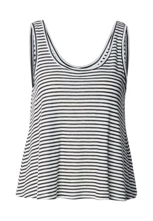 Czarna i biała, paskowana koszulka na ramiączkach z bawełny, z okrągłym dekoltem i luźnym, rozszerzanym krojem. Posiada szerokie ramiączka i zaokrąglony dół.