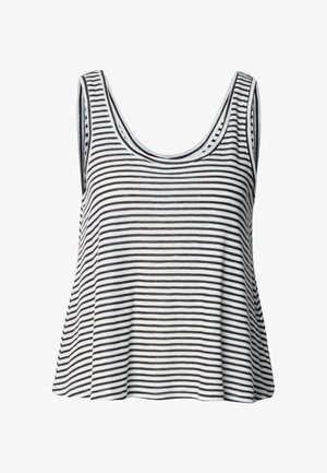 Czarna i biała, paskowana koszulka na ramiączkach z bawełny, z okrągłym dekoltem i luźnym, rozszerzanym krojem. Posiada szerokie ramiączka i zaokrąglony dół.