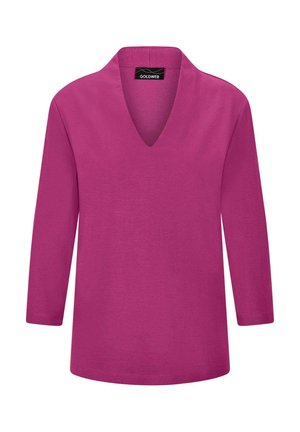 Top fucsia a maniche lunghe con scollatura a V, realizzato in tessuto liscio. Presenta un fit rilassato e un orlo dritto. Etichetta visibile all'interno del collo.