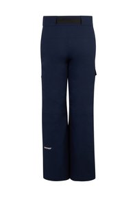 Pantaloni da neve blu navy con design a gamba dritta, cintura elastica e tasca con zip sul lato. Presentano il logo sulla gamba inferiore.