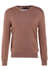 Pull marron à col en V en tissu tricoté avec manches longues, poignets côtelés et petit logo sur le côté gauche de la poitrine. Texture douce et coupe ajustée.