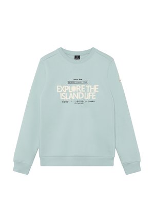 Felpa di cotone azzurro con collo rotondo, polsini e orlo a coste. Presenta una scritta grafica bianca "EXPLORE THE ISLAND LIFE" sul davanti.