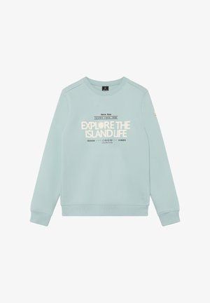 Hellblauer Baumwollpullover mit Rundhalsausschnitt, gerippten Bündchen und Saum. Auf der Vorderseite befindet sich weißer Schriftzug "EXPLORE THE ISLAND LIFE".