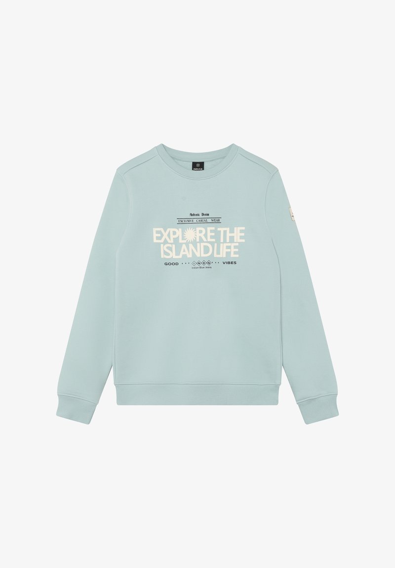 Sudadera de algodón azul claro con cuello redondo, puños y dobladillo acanalados. Presenta un texto gráfico blanco "EXPLORE THE ISLAND LIFE" en el frente.