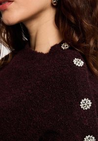 Maglione borgogna con texture, caratterizzato da applicazioni floreali decorative in argento sulla spalla. Tessuto morbido con scollatura aderente.