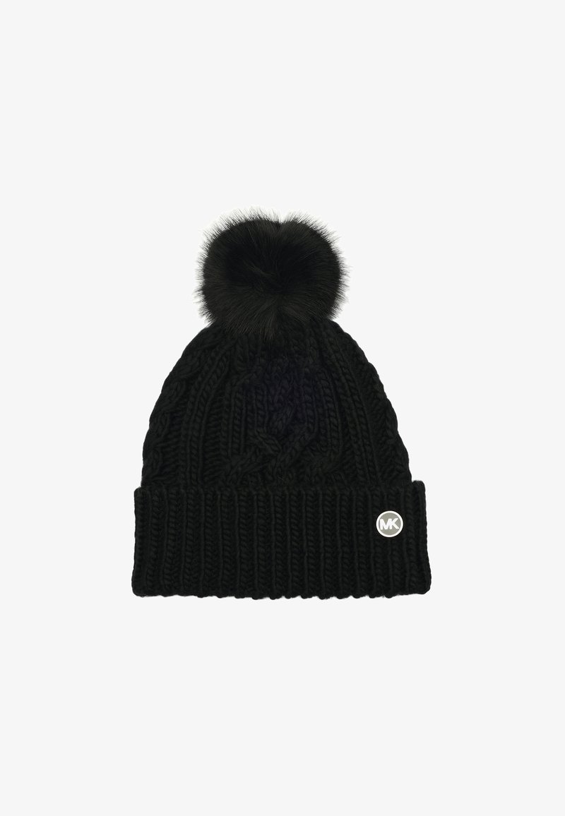 Black knitted beanie with a thick ribbed band, featuring a faux fur pom-pom on top and a small metallic MK logo on the side.