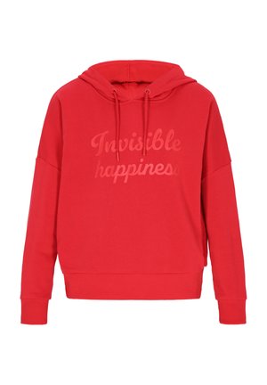 Rode hoodie met een ontspannen pasvorm. Bevat de tekst "Onzichtbaar geluk" in een lichtere tint. Zacht materiaal, ribgebreide manchetten en zoom.