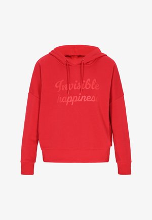 Sudadera con capucha roja de corte relajado. Presenta el texto "Felicidad invisible" en un tono más claro. Material suave, puños y dobladillo acanalados.