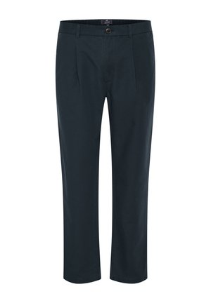 Marineblaue Hose mit geradem Schnitt, Knopfverschluss, Bundfalten und zwei Seitentaschen; aus einem glatten, leichten Stoff gefertigt.