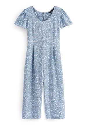 Light blue short-sleeve jumpsuit with white floral pattern, round neckline, and front button closure.