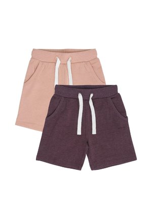 Due paia di pantaloncini con coulisse per bambini, uno rosa chiaro e l'altro viola scuro, entrambi con tasche laterali e vita elastica.