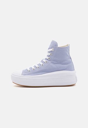 Zapatillas altas de lona en lavanda clara con puntera y media suela de goma blanca. Presentan un diseño de cordones y una suela de goma texturizada.