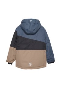 Veste à capuche avec un design coloré en bleu, noir et beige. Fabriquée dans un matériau lisse, elle présente des poignets élastiques et un détail de logo.