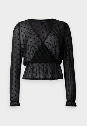 Zwarte doorschijnende blouse met lange pofmouwen, stippenpatroon, wikkelfrontontwerp, gerimpelde taille en delicate polswijze.