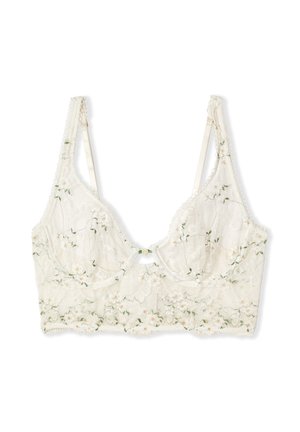 Weißer Spitzen-Bralette mit floraler Stickerei, verstellbaren Trägern, Bügel-Cups und einer kleinen dekorativen Schleife vorne in der Mitte.