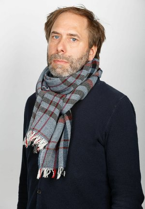 Mann mit hellbraunem Haar und Bart, trägt einen dunklen Pullover und einen blau-grau-roten karierten Schal vor einem einfarbigen hellen Hintergrund.