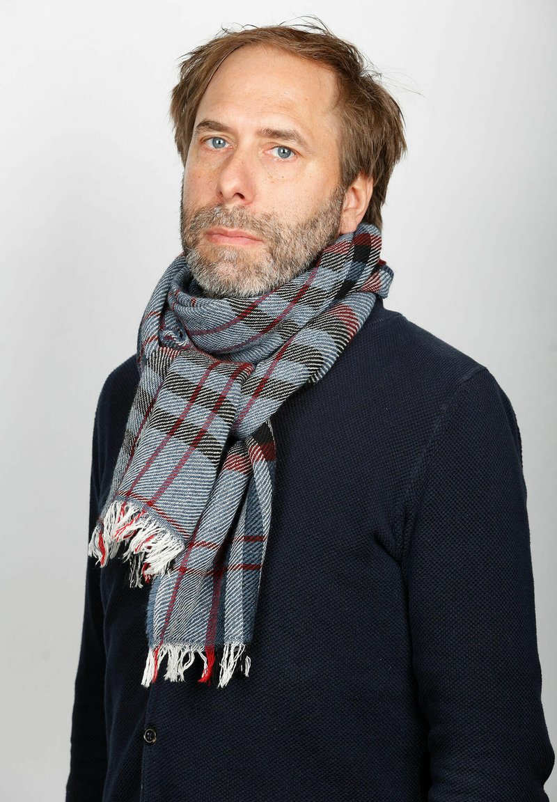 Mann mit hellbraunem Haar und Bart, trägt einen dunklen Pullover und einen blau-grau-roten karierten Schal vor einem einfarbigen hellen Hintergrund.