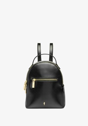 Czarny skórzany plecak ze złotymi zamkami błyskawicznymi, jedną przednią kieszenią na zamek, górnym uchwytem i dwoma paskami na ramiona.