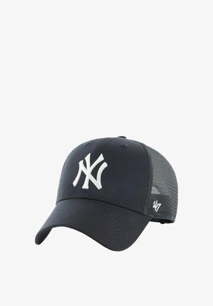 Navy baseball cap with white NY logo on front, mesh back, curved visor, and 47 brand tag on the side. Made of cotton and polyester.