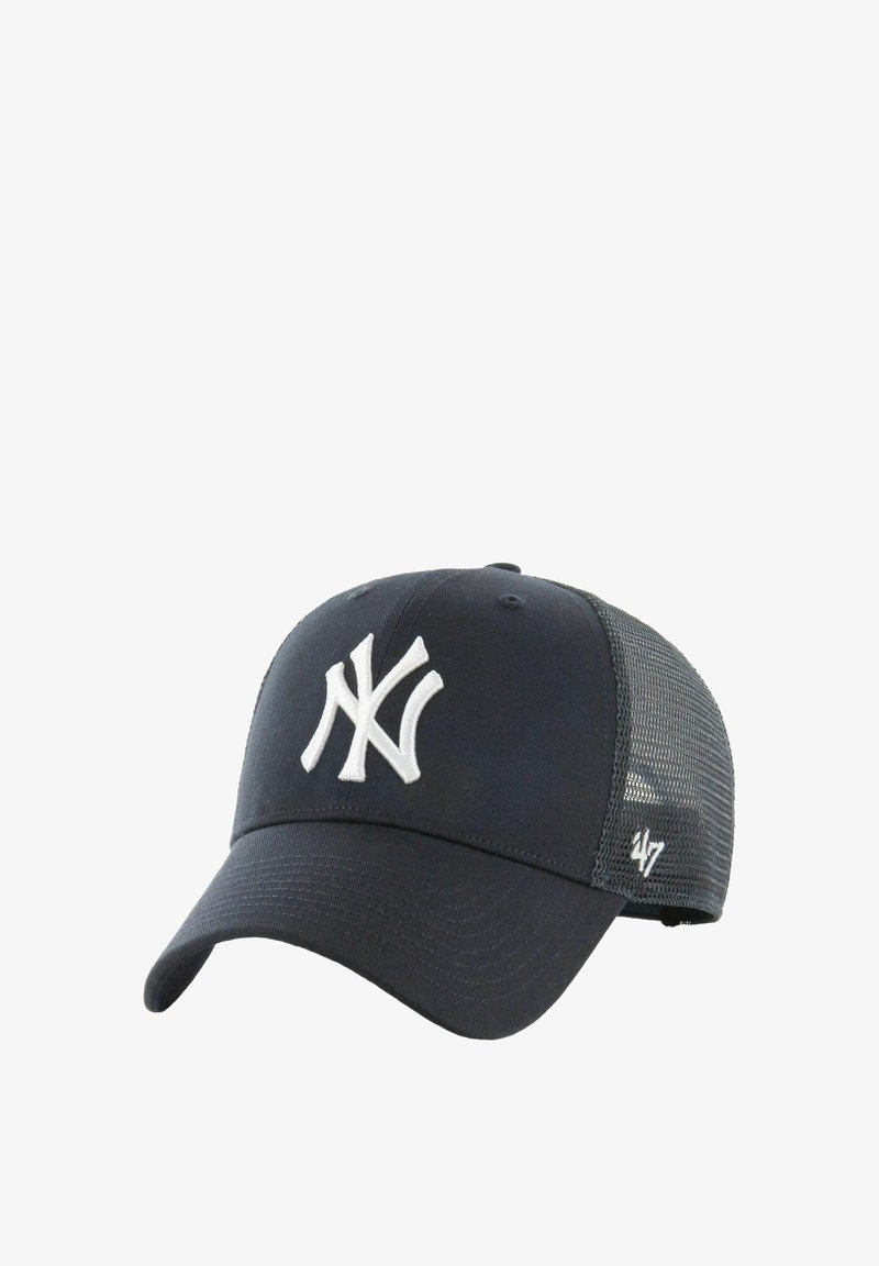 Marineblaues Baseballcap mit weißem NY-Logo auf der Vorderseite, Netzrücken, gebogenem Schirm und 47-Brand-Label an der Seite. Hergestellt aus Baumwolle und Polyester.