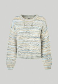 Pull tricoté en bleu clair et beige avec un motif texturé, encolure ronde et poignets et ourlet côtelés. Coupe décontractée avec manches ballon.