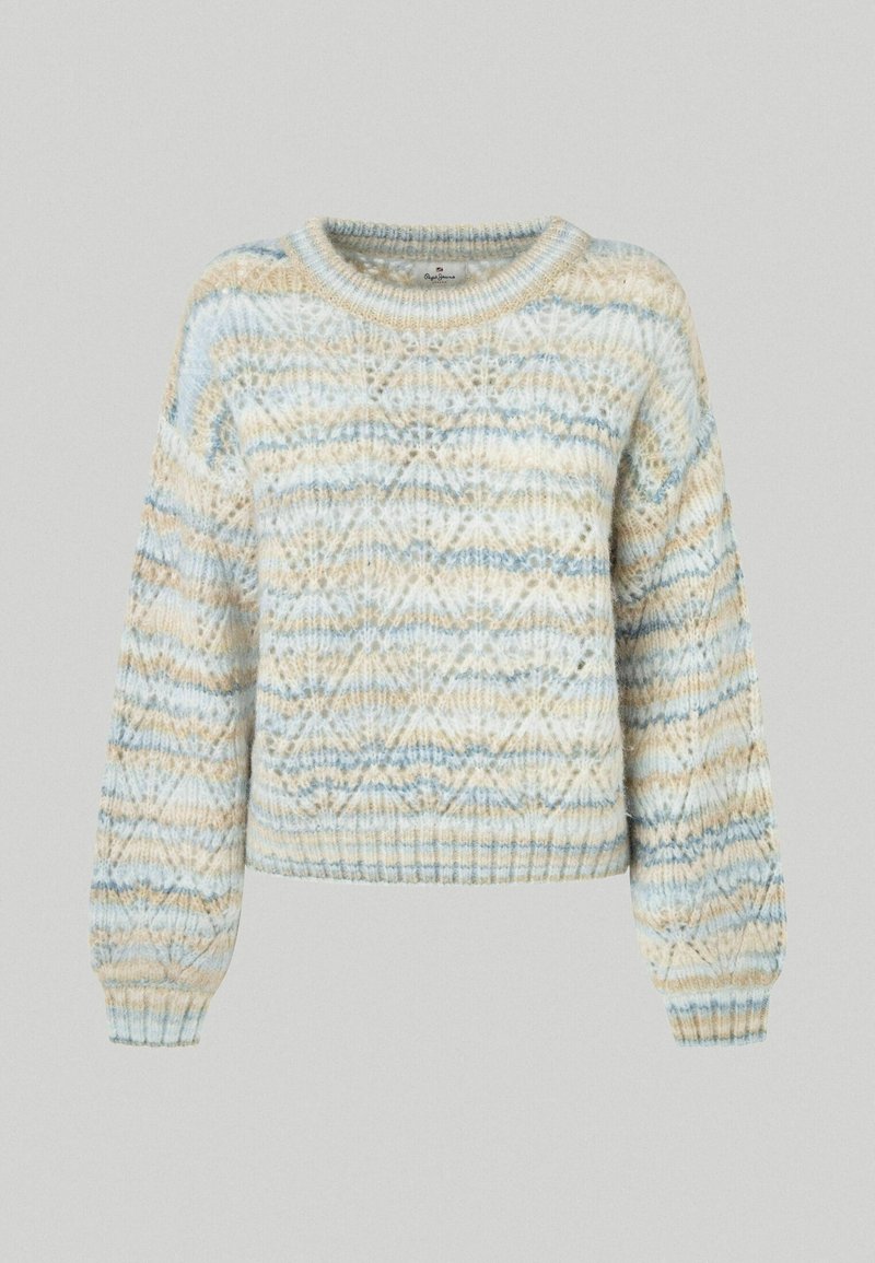 Pull tricoté en bleu clair et beige avec un motif texturé, encolure ronde et poignets et ourlet côtelés. Coupe décontractée avec manches ballon.