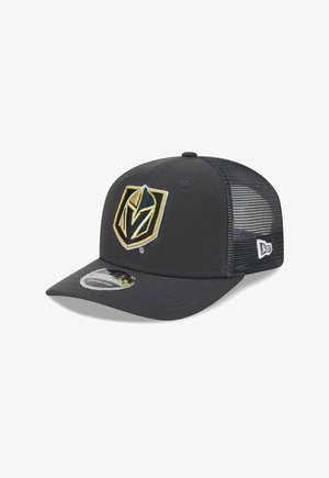 Dark gray mesh trucker hat with a gold and black knight helmet logo on the front and a New Era logo on the side.