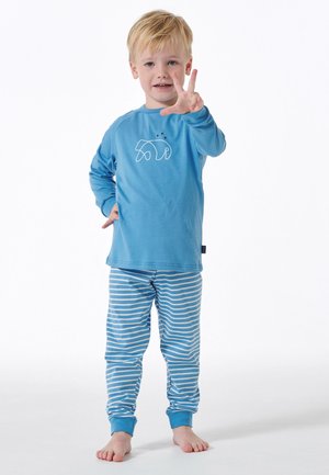 Light blue pajama set featuring a long-sleeve top with a bear graphic and stars, paired with striped blue and white pants. Soft texture.