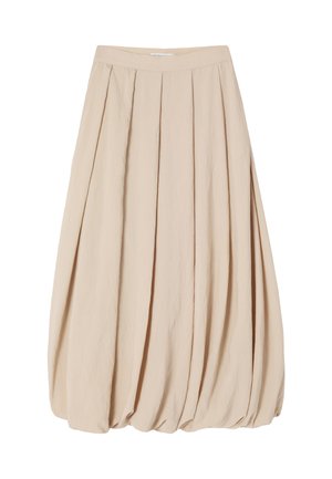 Beige plisovaná sukně s objemnou siluetou, s hladkým povrchem a elastickým pasem, vyrobená z lehkého materiálu.