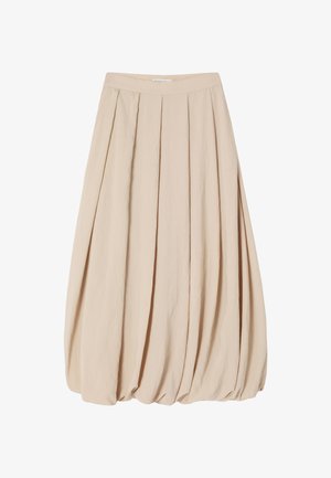 Beige plisserok met een volumineuze silhouette, met een gladde textuur en een elastische tailleband, gemaakt van lichtgewicht stof.