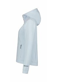 Hellblauer Reißverschlussjacke mit Kapuze, ausgestattet mit einer Reißverschlusstasche und elastischen Bündchen. Glatter Stoff mit minimalistischem Design.