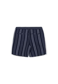 Shorts rayés bleu marine avec des rayures verticales blanches, une taille élastique et deux poches arrière. Tissu doux avec une coupe décontractée.
