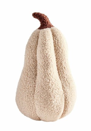 Tekstureret beige dekorativ græskar med en brun, buet stilk, der ligner et blødt stof eller plysmateriale.
