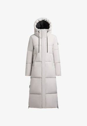 Pikk, heledast hallist vahukoostisest jope, millel on kapuuts, must vooder, lukuga kinnitamine, kaks eesmist taskut ja elastsed nöörid reguleerimiseks.