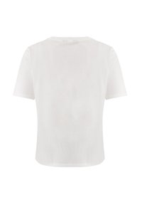 Bílá, krátká trička s krátkým rukávem a kulatým výstřihem. Vyrobeno z hladkého, lehkého materiálu. Jednoduchý, minimalistický design, žádné viditelné vzory nebo akcenty.