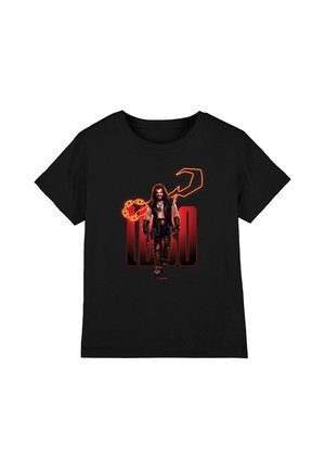 Black T-shirt with a graphic of a rugged man in leather gear walking forward, red chain link and hook shape above large red text.