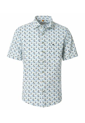 Weißes kurzärmeliges Hemd mit kleinem blauem, schwarzem und beigem Blumenmuster und klassischem Kragen.